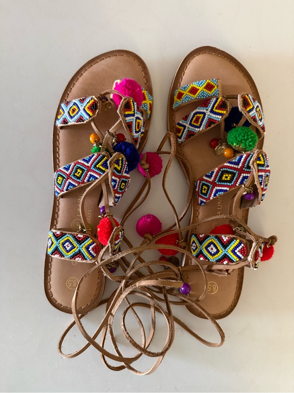 Boho Beaded Lace-Up Sandals Pom Pom Size 8.5